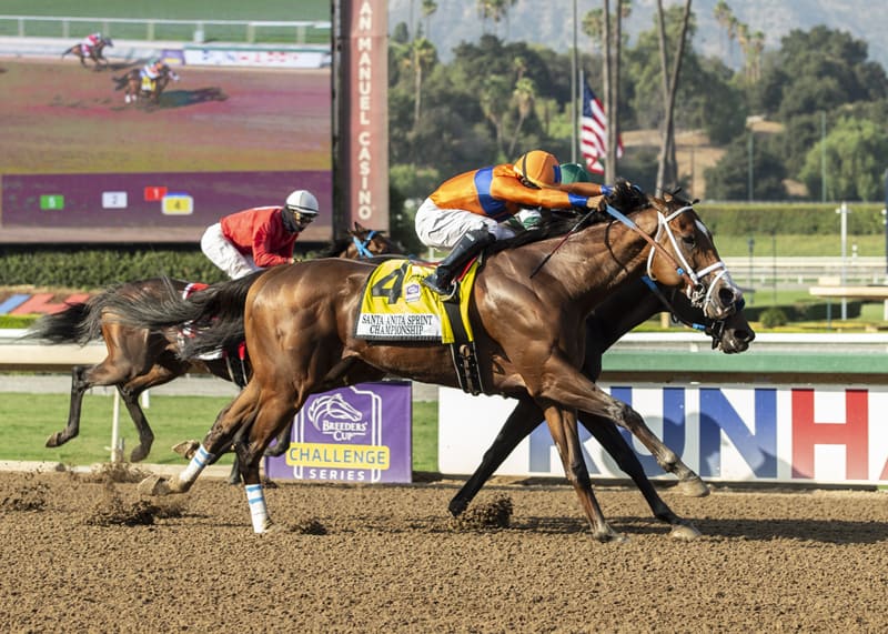 C Z Rocket and jockey Luis Saez, outside, overpower Flagstaff (Victor Espinoza), inside, and Collusion Illusion (Flavien Prat), left, to win the Grade II, $200,000 Santa Anita Sprint Championship, Sunday, September 27, 2020 at Santa Anita Park, Arcadia CA. © BENOIT PHOTO