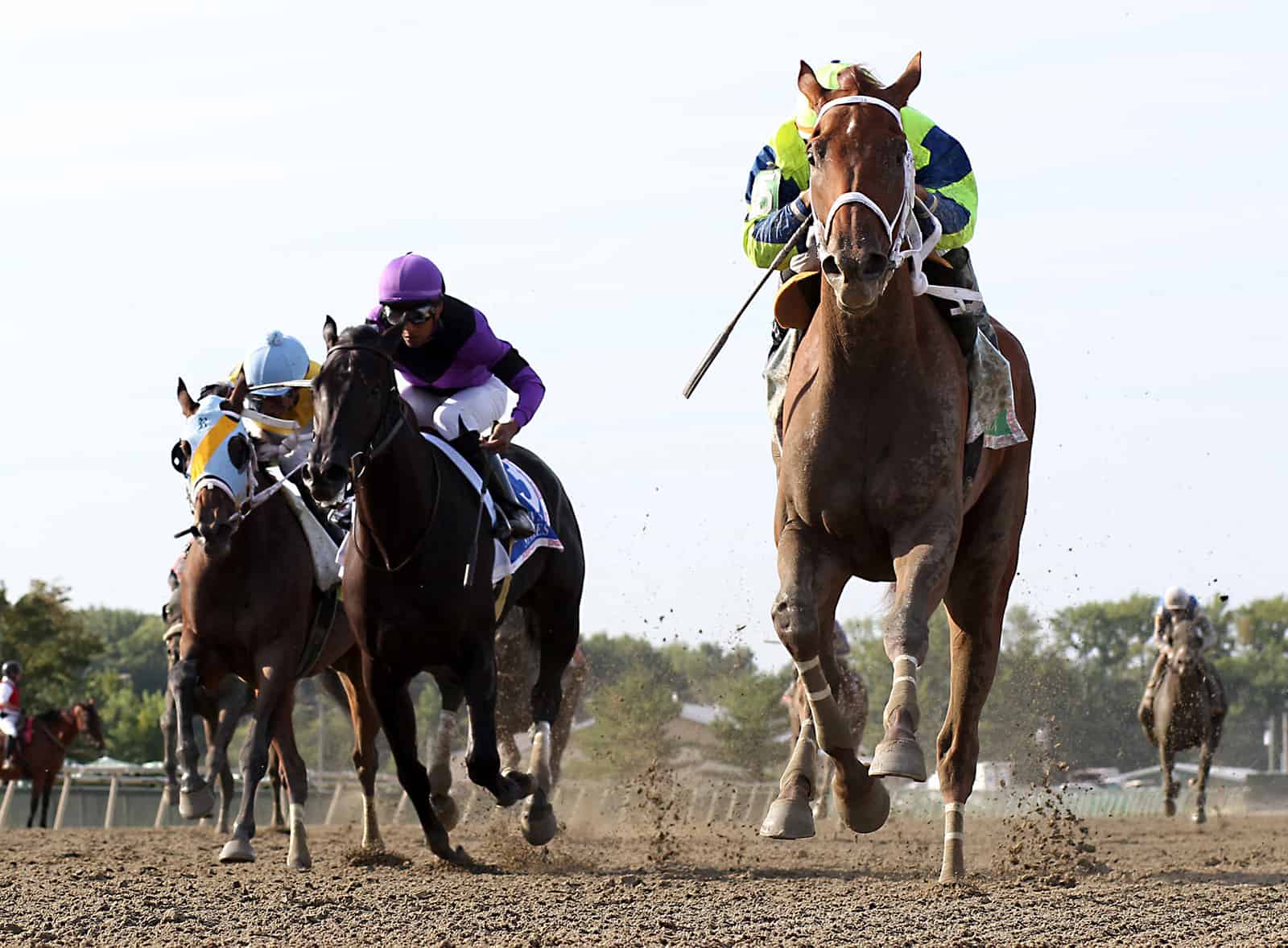 Foggy Night #5 ridden by Luis Saez wins the $200,000 Cathryn Sophia Stakes on August 22, 2023 at Parx Racing in Bensalem, PA. The three-year-old filly is trained by Robert Reid, Jr., for Pine Brook Farm. Finishing second was Yesternight #3 while Majestic Creed #4 was third. Photo by Ryan Denver/EQUI-PHOTO.