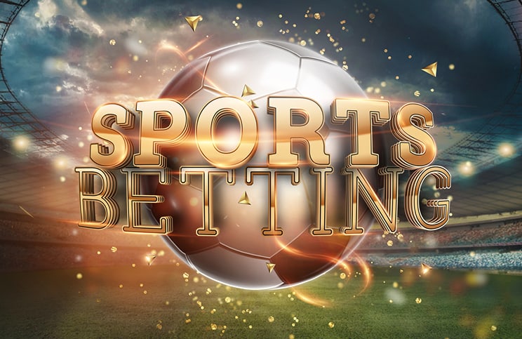 Gold Lettering Sports Betting Background with Soccer Ball and Stadium. Bets, sports betting, watch sports and bet