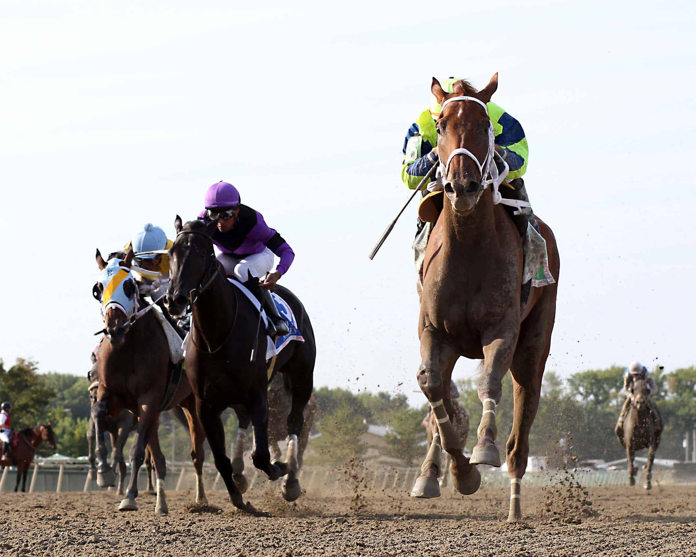 Foggy Night #5 ridden by Luis Saez wins the $200,000 Cathryn Sophia Stakes on August 22, 2023 at Parx Racing in Bensalem, PA. The three-year-old filly is trained by Robert Reid, Jr., for Pine Brook Farm. Finishing second was Yesternight #3 while Majestic Creed #4 was third. Photo by Ryan Denver/EQUI-PHOTO.
