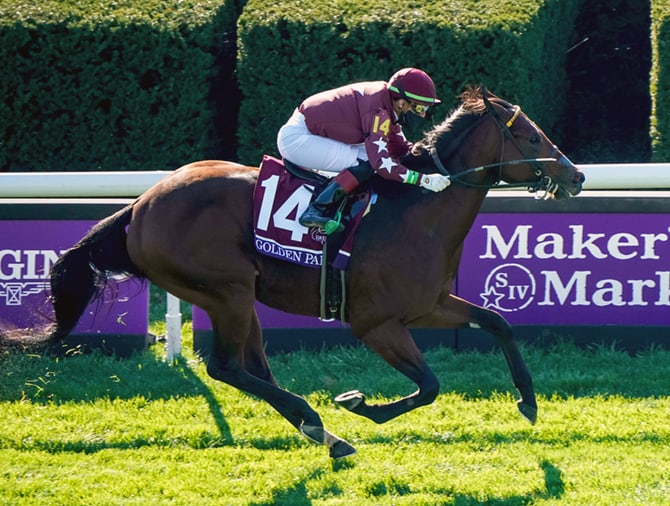 November 6, 2020: Golden Pal, ridden by Irad Ortiz, Jr., wins the Juvenile Turf Sprint on Breeders' Cup Championship Friday at Keeneland on November 6, 2020: in Lexington, Kentucky. John Voorhees/Eclipse Sportswire/Breeders Cup/CSM