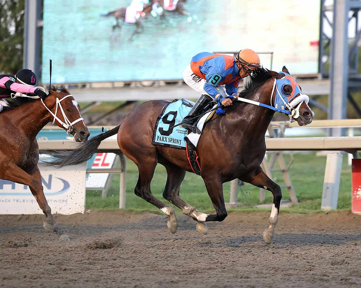 Florida-bred Thoroughbred Buccherino rockets to the wire, guided by jockey Paco Lopez, outpacing Maximus Meridius and jockey Mychel Sanchez galloping on the inside rail at Buccherino’s tail. Buccherino and Lopez drew off in the deep stretch to win the 2025 Parx Sprint at Parx Racing. (Photo: ©Nikki Sherman/EQUI-PHOTO)