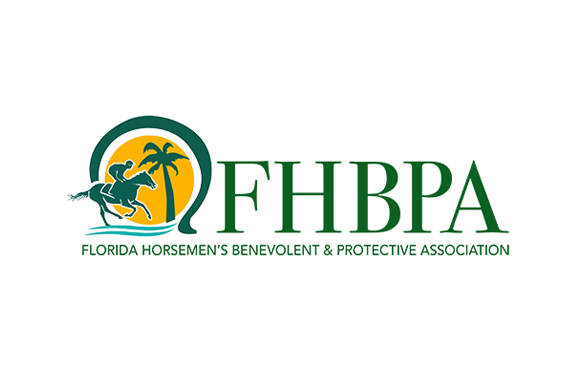 Logo for the Florida Horsemen's Benevolent and Protective Association (FHBPA). The logo consists of the acronym, FHBPA, in all capitalized, green serif lettering. To the left of “FHBPA,” is an icon of a horse and jockey racing in front of a sun and palm tree. Soft lines that mimic waves rest under the horse’s hooves, and a green organic curve wraps around the whole icon. Beneath the icon and “FHBPA,” is the organization’s full name typed in a sans serif, fully capitalized.
