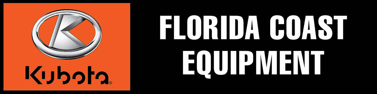 Logo for Kubota and Florida Coast Equipment (FCE). The logo is a rectangle outlined in black. On the left, an orange background highlights the Kubota logo, consisting of their silver emblem overtop their full “Kubota” logo. To the right, the logo for the “FLORIDA COAST EQUIPMENT” is featured in all white, full capitalized against the black background.