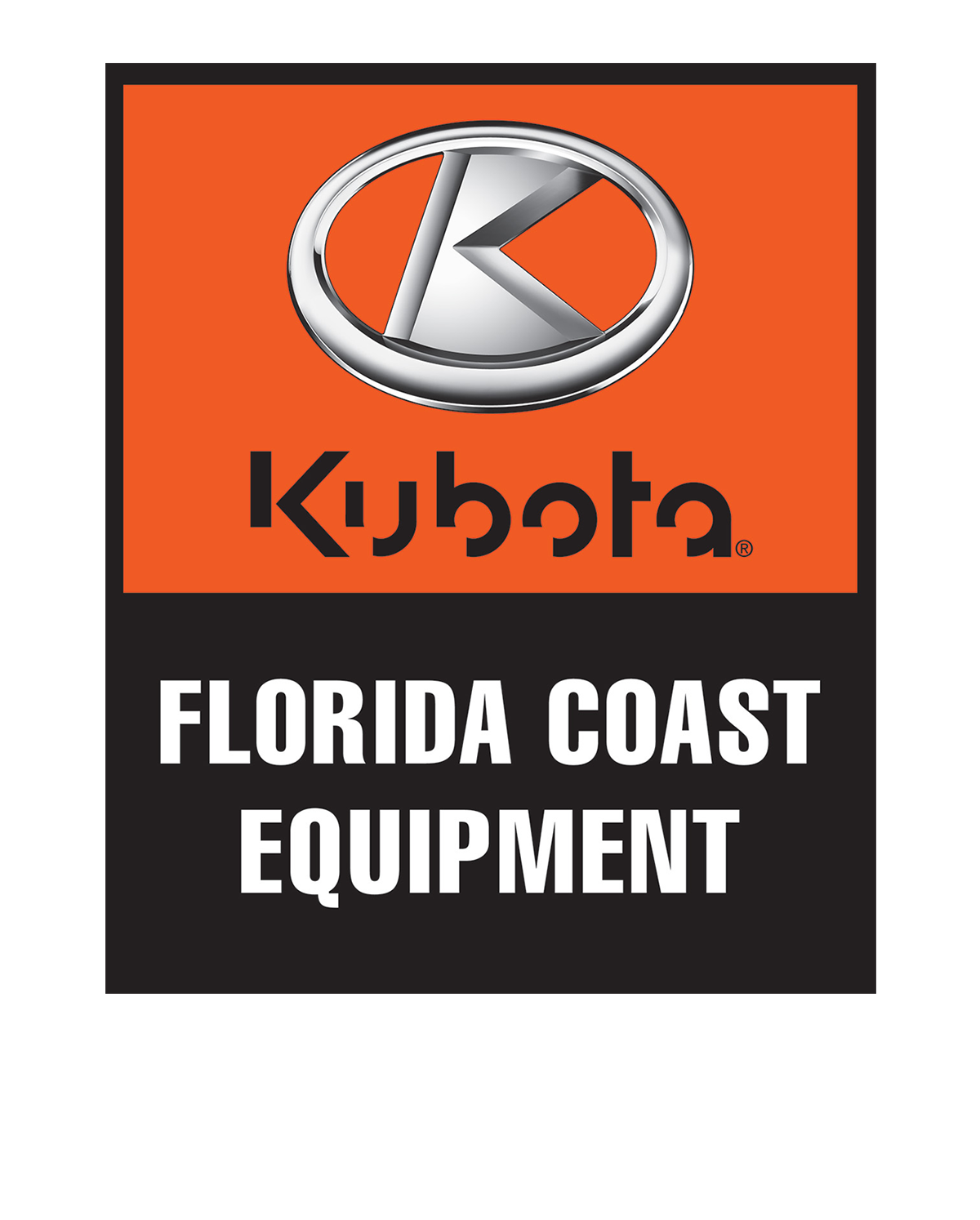 Logo for Kubota and Florida Coast Equipment (FCE). The logo is a tall rectangle outlined in black. On the top, an orange background highlights the Kubota logo, consisting of their silver emblem overtop their full “Kubota” logo. On the bottom, the logo for the “FLORIDA COAST EQUIPMENT” is featured in all white, full capitalized against the black background.
