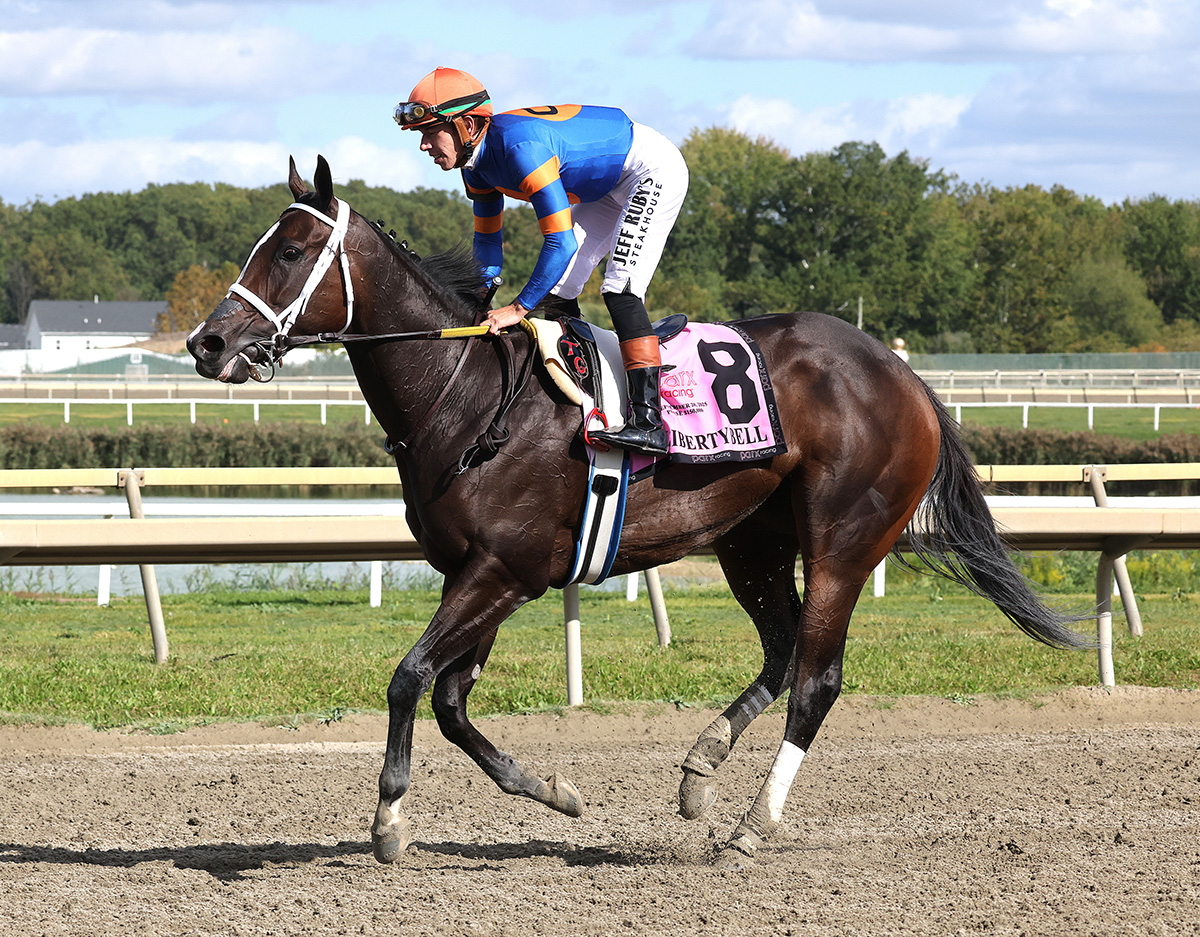 Jockey Tyler Gaffalione slows Florida-bred Thoroughbred Mystic Lake to a canter after a wire-to-wire victory in the 2025 Liberty Bell at Parx. (Photo: ©Taylor Ejdys / EQUI-PHOTO)