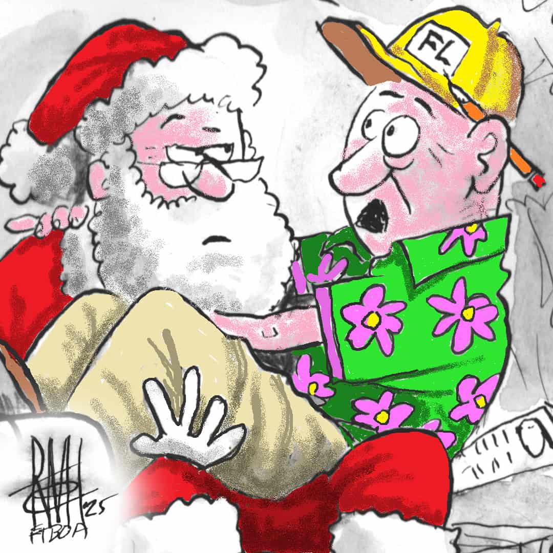 Closely cropped square of a hand-drawn ink cartoon of a mall Santa Clause holding a grown man in his lap. The background is grayscale, but Santa and the man are in vibrant color. The man is dressed for both a Thoroughbred racetrack and Florida, with a yellow "FL" cap, green and pink floral collared shirt, khakis, a pencil tucked behind his ear, and a race program sticking out of his back pocket. He stands out spectacularly against Santa, who is dressed in his iconic red and white outfit. Santa raises his eyebrow at the man’s request. The comic is by Remi⁩ Bellocq, whose signature is in the bottom left corner.  