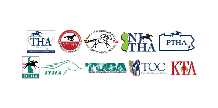 Collection of logos showcased together in two rows against a white rectangular background. The background’s edges fade into transparency. The first row of logos from left to right are: Thoroughbred Horsemen's Association, New York Thoroughbred Horsemen's Association, Maryland Thoroughbred Horsemen’s Association, New Jersey Thoroughbred Horsemen's Association, and the Pennsylvania Thoroughbred Horsemen's Association. The second row of logos from left to right are: Delaware Thoroughbred Horsemen's Association, Illinois Thoroughbred Horsemen's Association, Thoroughbred Owners and Breeders Association, Thoroughbred Owners of California, and the Kentucky Thoroughbred Association.