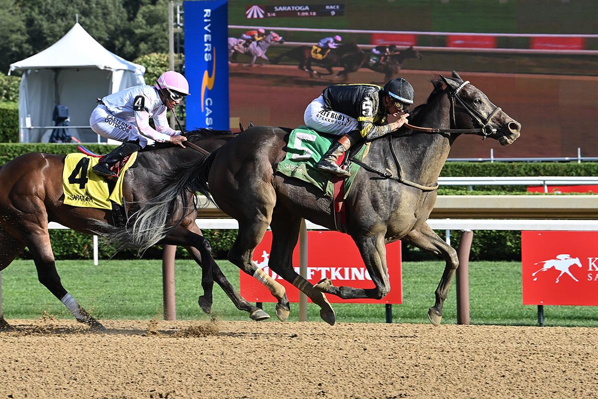 Florida-bred Thoroughbred Baby Yoda and jockey Flavien Prat gallop to the wire, with competitor Light the Way trailing on the inside rail. Baby Yoda held the lead to wire an upper level, $100,000 optional claiming at Saratoga Race Course on August 29, 2025. (Photo: ©Adam Coglianese)