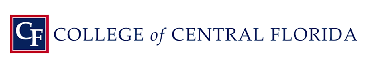 Logo for the College of Central Florida. Logo consists of a blue square outlined with red. In the middle of the square, all capitalized, white serif letters read, “CF,” with the “C” floating above the “F” slightly. The full name of the college written out next to it in all capitalized serif lettering, except for “of,” which is in lowercase italics.