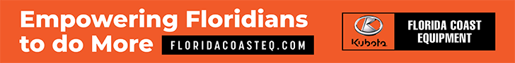 A long rectangular graphic for Kubota / Florida Coast Equipment. The graphic consists of a bright orange background, with thick, white sans serif text that takes up the left and middle of the graphic, reading, “Empowering Floridians to do More.” Next to “More,” a black rectangular box hosts thin white text that reads, “FloridaCoastEQ.com” in all caps. Centered on the right side of the graphic, the black Kubota / Florida Coast Equipment logo is featured.