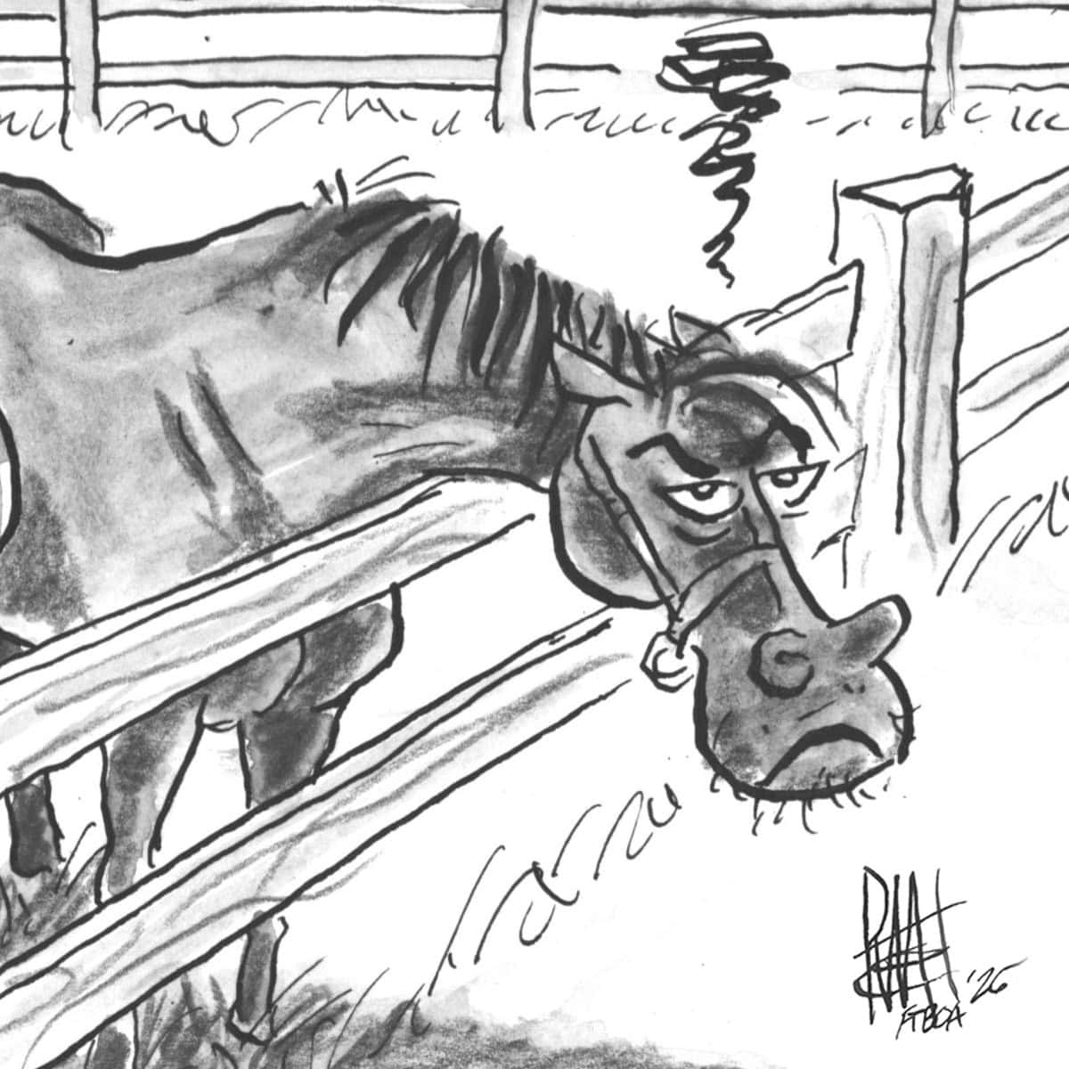 Closely cropped square of a hand-drawn ink cartoon of a Thoroughbred breeding farm, focused in on a grumpy horse. The horse is leaned over a paddock fence, swishing their tail in annoyance. The comic is by Remi⁩ Bellocq, whose signature is in the bottom right corner.  