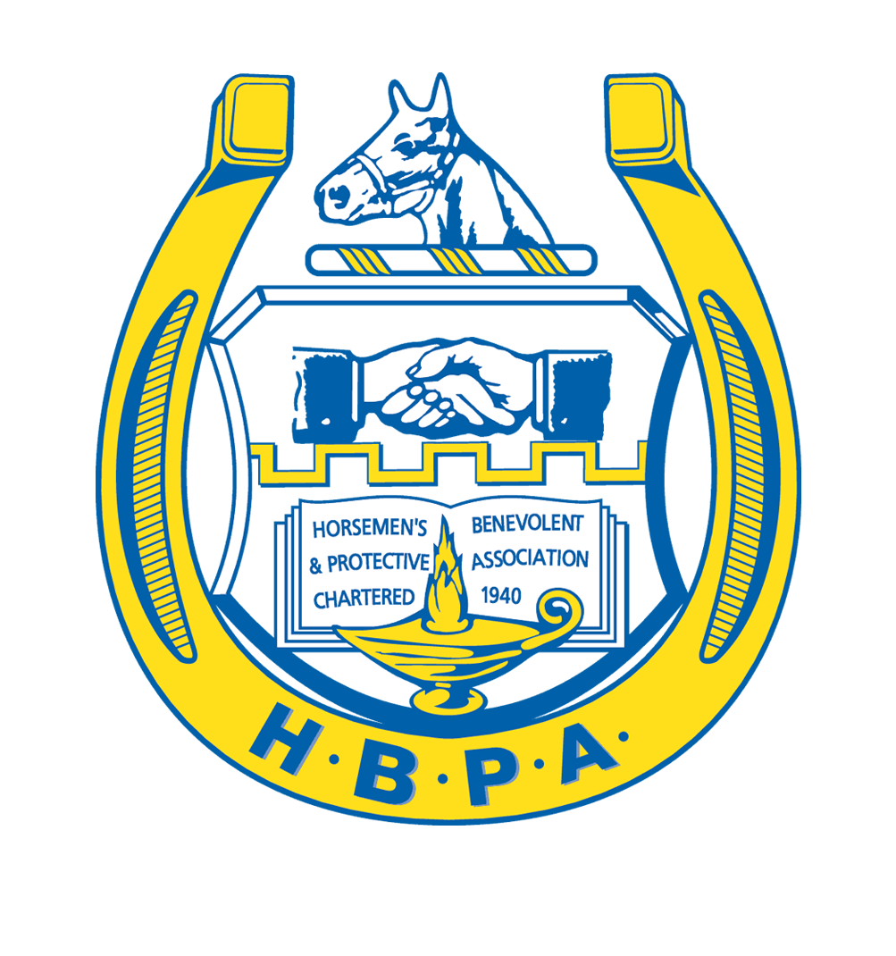 Logo for the National Horsemen’s Benevolent and Protective Association. The logo consists of a yellow horseshoe outlined with blue, and the initials “HBPA” round out along the bottom of the horseshoe. A blue outline illustration is centered within the horseshoe, consisting of a horse head overtop a badge of two hands shaking. Beneath the hands, an open book reads, “Horsemen’s Benevolent & Protective Association Chartered 1940.” A yellow and blue lamp overlaps the book.