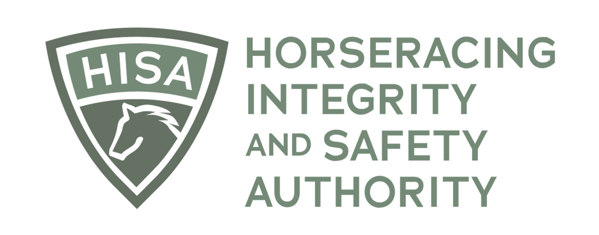 Logo for the Horseracing Integrity and Safety Authority. Logo consists of a green and white badge, that is headed by “HISA,” against a lighter green band, with a horse head’s outline built into the lower part of the badge. To the right of the badge, the full name of the organization is fully capitalized and stacked into four rows.