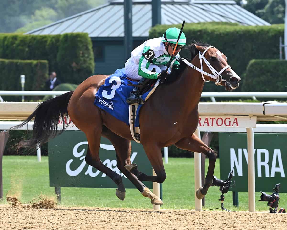 Florida-bred Thoroughbred Mythical, guided by jockey Emisael Jaramillo, rockets to the wire at Saratoga, winning the 2025 Tremont. She is the first filly to win the Tremont since Florida-bred Rosie O’Greta in 1995. (Photo: ©Adam Coglianese)