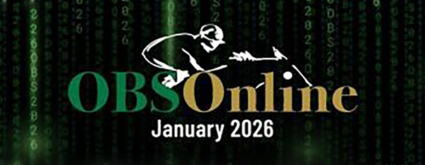 Logo for the OBS (Ocala Breeders' Sales Co) Online sale. The logo is centered on a dark background, with green code blurred into the background. The logo consists of the lettering “OBS” (all green) and “Online” (all gold) in serif font. Beneath it, the sale’s title, “January 2026” is centered in sans serif white font. Above the name, a white topline of a jockey and racehorse overlap with “OBSOnline.”