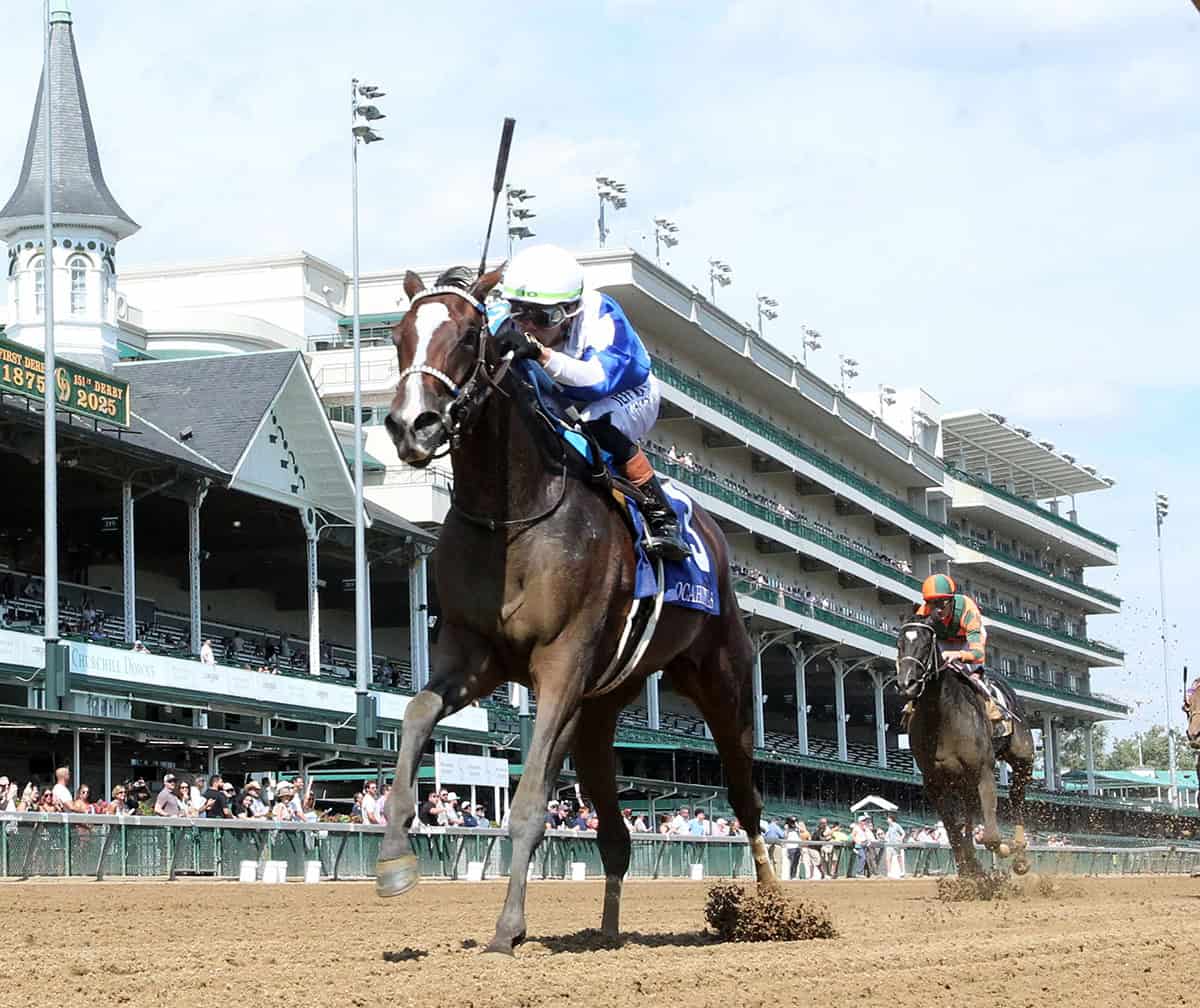 Florida-bred Thoroughbred Taken by the Wind, guided by jockey Irad Ortiz Jr., stretches out in front of the Churchill Downs’ grandstands. The duo left their competition behind to win the 2025 Grade 3 Pocahontas. (Photo: ©John Gallagher/Coady Media)