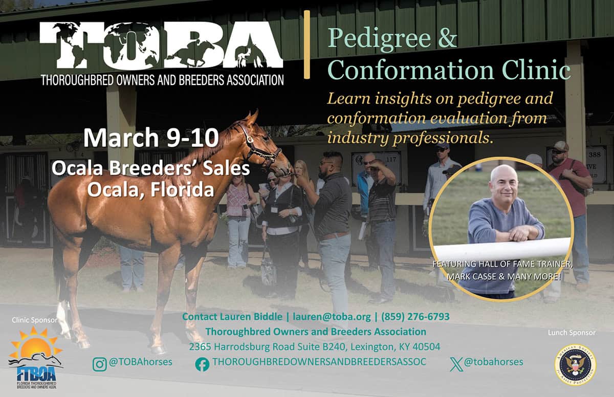Promotional material for the Thoroughbred Owners and Breeders Association’s (TOBA) Pedigree and Conformation Clinic. The graphic consists of a photo of a chestnut Thoroughbred, standing watching a group of onlookers at the OBS Sale grounds during an auction. The TOBA logo floats over the horse’s head on the top left, and the date and location of the clinic, “March 9 - 10, Ocala Breeders’ Sales, Ocala, Florida” is layered overtop the horse. The top right of the graphic has a column of information. This information reads, “Pedigree & Conformation Clinic, Learn insights on pedigree and conformation evaluation from industry professionals.” Beneath the information, a circular frame shows a photo of dual Hall of Fame trainer, Mark Casse, a featured speaker. The bottom left of the graphic features the logo of clinic sponsor, FTBOA. The bottom right of the graphic features the logo of lunch sponsor, ASAP. Small, teal contact information is stacked at the bottom of the graphic, including “Contact Lauren Biddle, lauren@toba.org” and “(859) 276-6793.”
