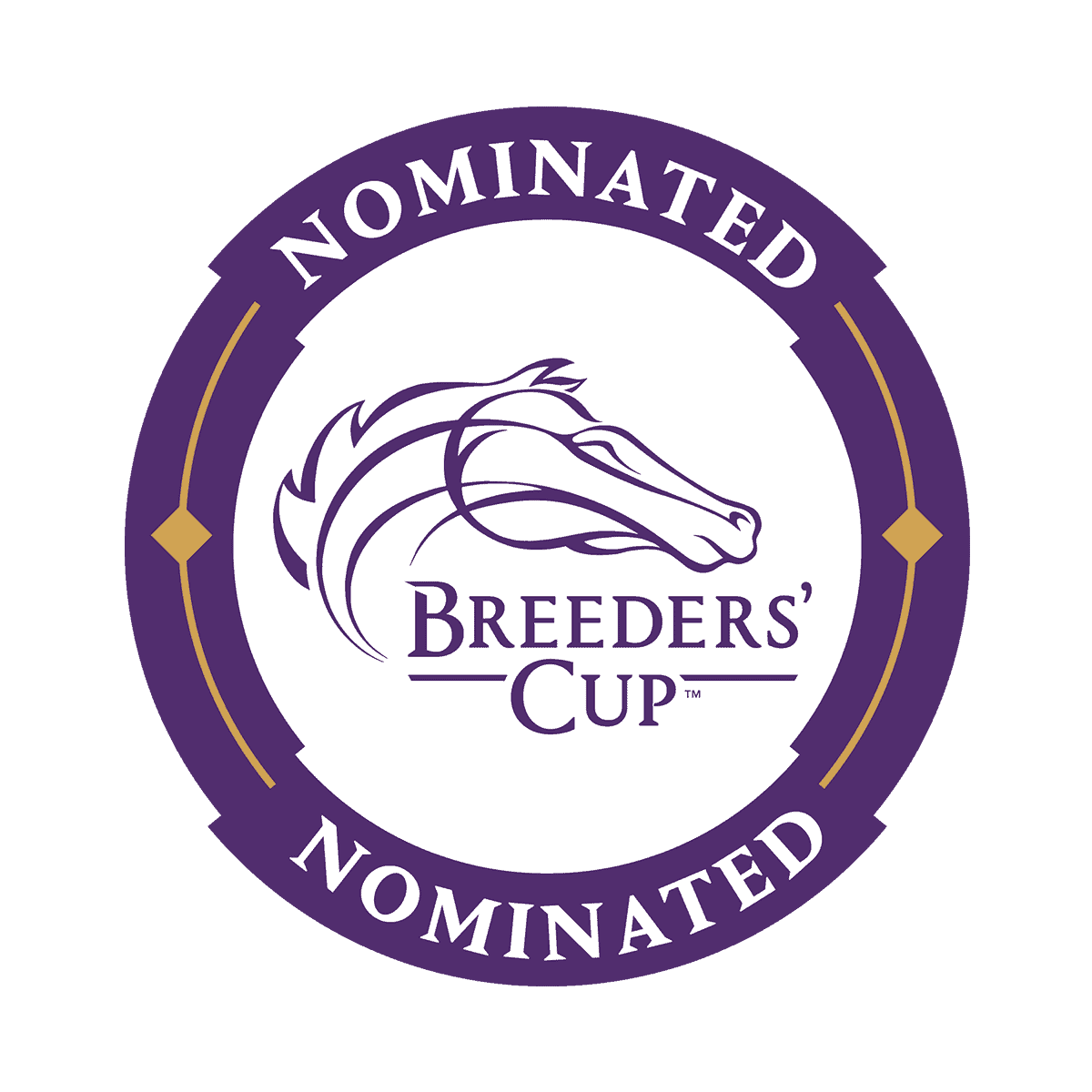 Badge logo for Breeders’ Cup nominated horses. The logo consists of the main logo for the Breeders’ Cup (all capitalized, purple lettering where “Breeders’” is stacked on top of “Cup,” and an outlined horse head is bending over top of it) placed on a white circle. The circle is surrounded by a thick purple frame that says “Nominated” on the top and bottom in all capitalized, serif lettering. Gold accents frame the left and right of badge.