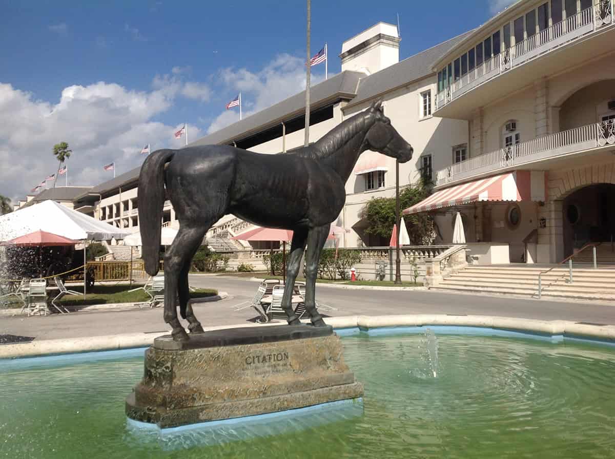 The metal statue of famous Thoroughbred racehorse, Citation, stands square on a stone base with his name on it, placed in the middle of a large fountain. The statue of Citation faces the entrance of the Hialeah Park Grandstands.