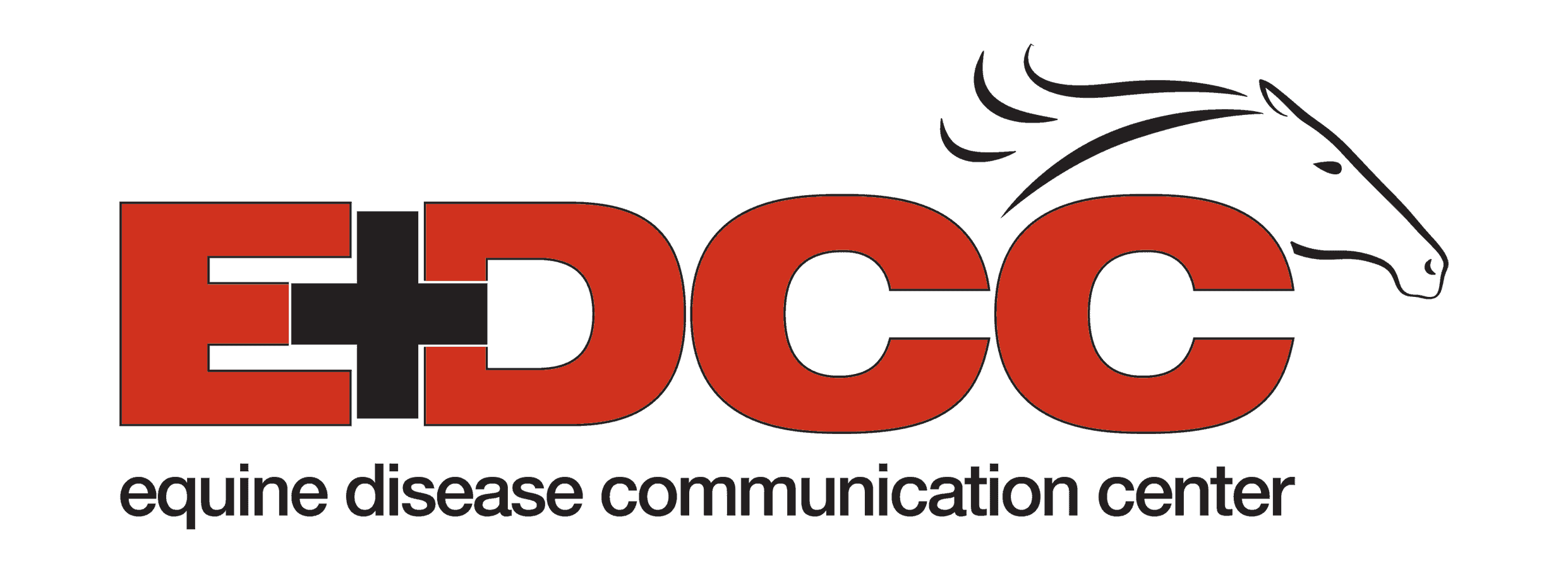 Red and black logo for the EDCC (Equine Disease Communication Center). The logo consists of all capitalized, red letters that read “EDCC” with a black plus sign connecting “E” and “D.” A horse’s head is outlined over “CC,” and the full name of the organization is below the main logo elements.
