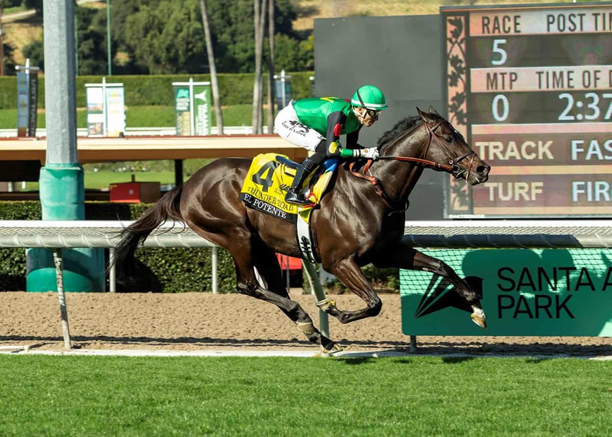Florida-bred Thoroughbred El Potente, ridden by jockey Hector Isaac Berrios, powers to the wire, winning the 2026 Thunder Road at Santa Anita Park. (Photo: ©Benoit)