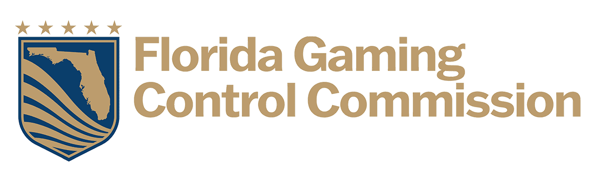 Logo for the FGCC. The logo consists of a navy blue shield badge outlined with gold. There are 5 gold stars placed above the badge and the state of Florida is centered on the badge in gold, with wavy, thick gold lines running beneath it. To the right of the badge, the full name of the organization is written in gold, stacked in two rows, “Florida Gaming Control Commission.”