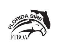 Black outlined logo for FSS, which consists of an outlined horse head that curves underneath the state of Florida. The words "Florida Sire" curve overtop the horse head. The words "FTBOA" are present beneath the horse's neck.