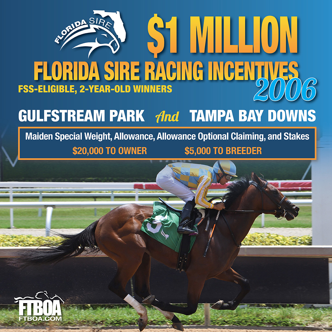 Square ad detailing information for the new $1 Million Florida Sire Racing Incentives Program for the FTBOA. The ad is based around an image of the Florida-bred Thoroughbred Strategic Risk (photo by ©Ryan Thompson) with overlapping orange, white, and yellow text. More information for the new program can be found at ftboa.com