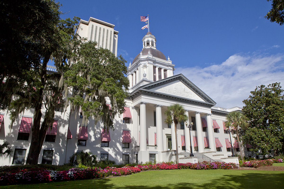 Photograph of the old Florida State Capitol in Tallahassee taken from the front of the building. The New Capitol building stands behind it. (Photo: ©Aneese)