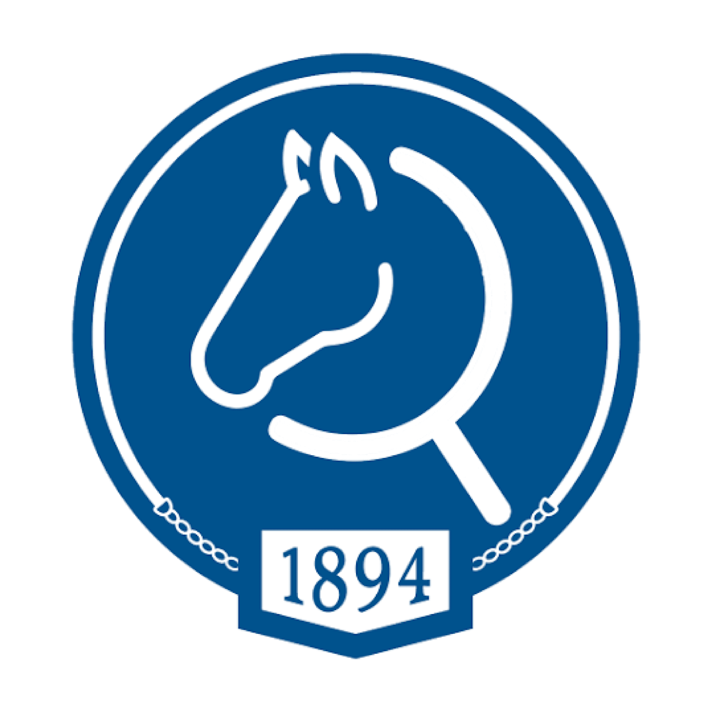 Logo for the ID My Thoroughbred App by The Jockey Club. The logo is dark blue and shaped like a circular badge, matching the other logos of The Jockey Club. The badge has a white outline that ends in a secondary pointed white badge at the bottom of the circle, showcasing the date, “1894.” In the middle of the circle, a white outline of a horse’s head overlaps with a search icon.