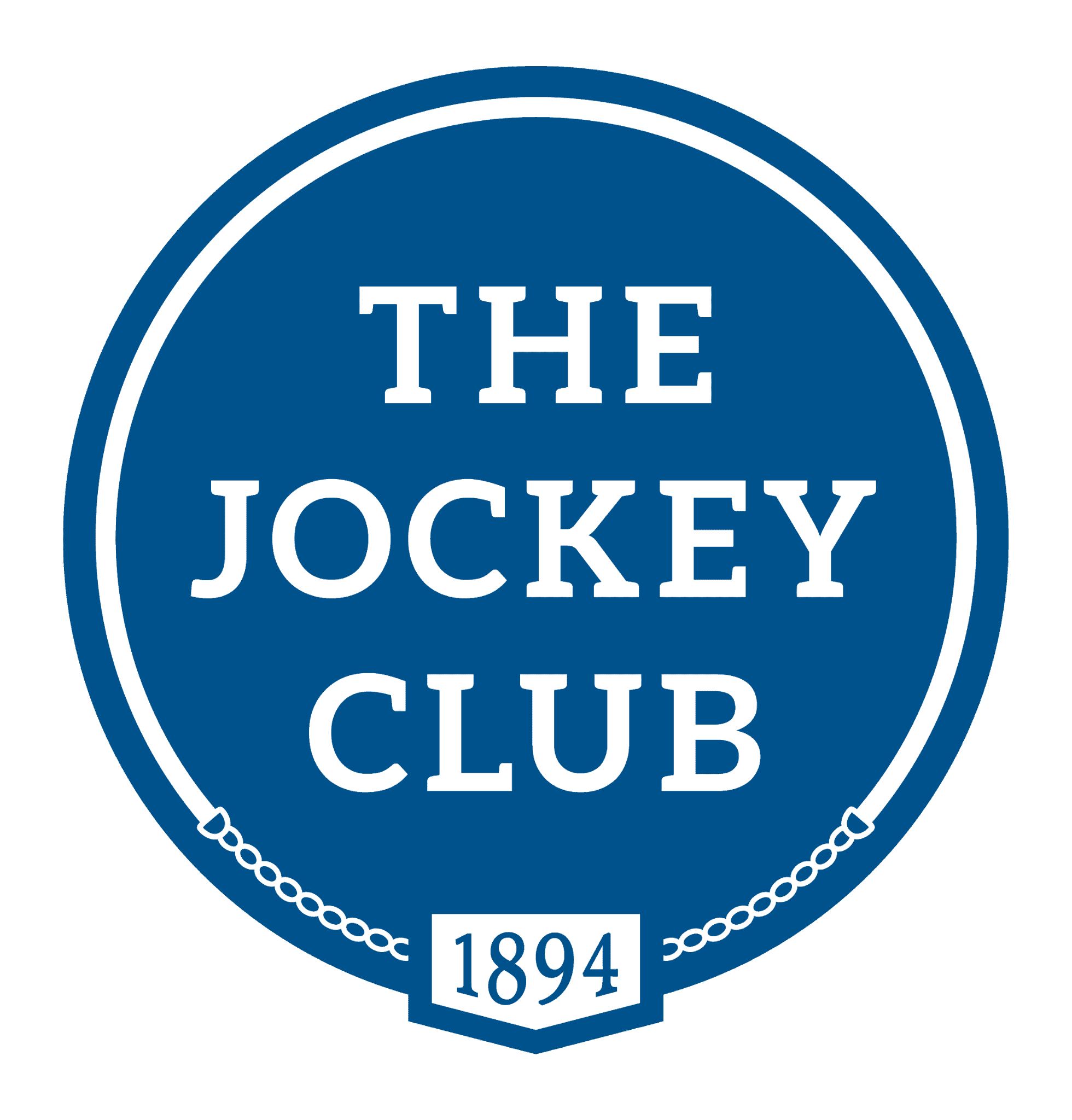 Blue badge logo for the Jockey Club. Consists of the full name stacked in all capitalized lettering, surrounded by a white circular outline that ends in a chain and surrounds a pointed badge that reads, “1894.”