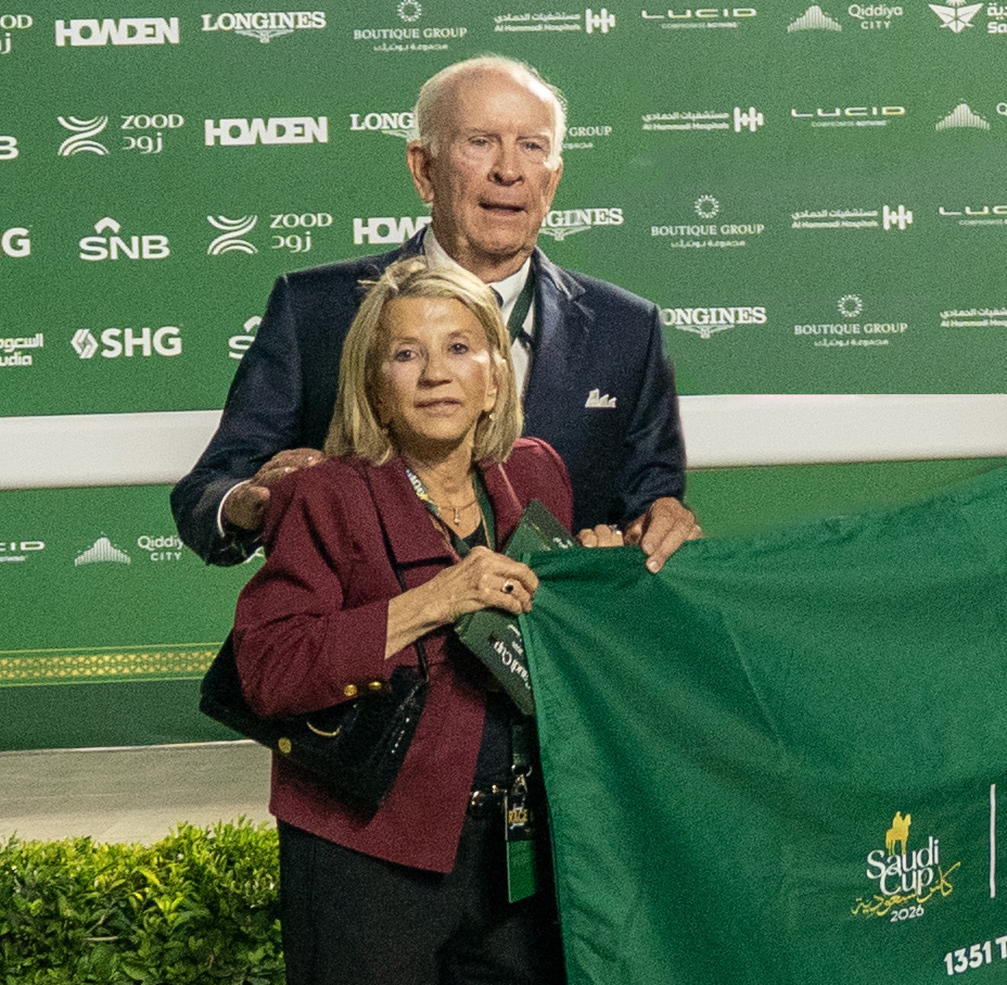 Alex and JoAnn Lieblong stand together in the winners’ circle after their Florida homebred, Reef Runner, won the the $2 million 1351 Turf Sprint (G2) at King Abdulaziz Racecourse in Saudi Arabia. (Photo: ©Mathea Kelley/JCSA)