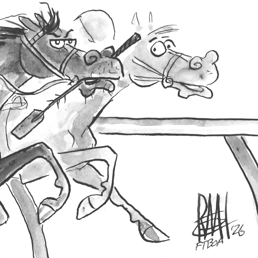 Closely cropped square taken from a hand-drawn ink cartoon of a pair of Thoroughbred racehorses galloping in a race. The outside horse is angered, clutching a crop in their mouth. The inside horse looks over in question and consideration, while the helmet of the inside horse’s jockey can be seen over their neck. The comic is by Remi⁩ Bellocq, whose signature is featured in the bottom right corner.  
