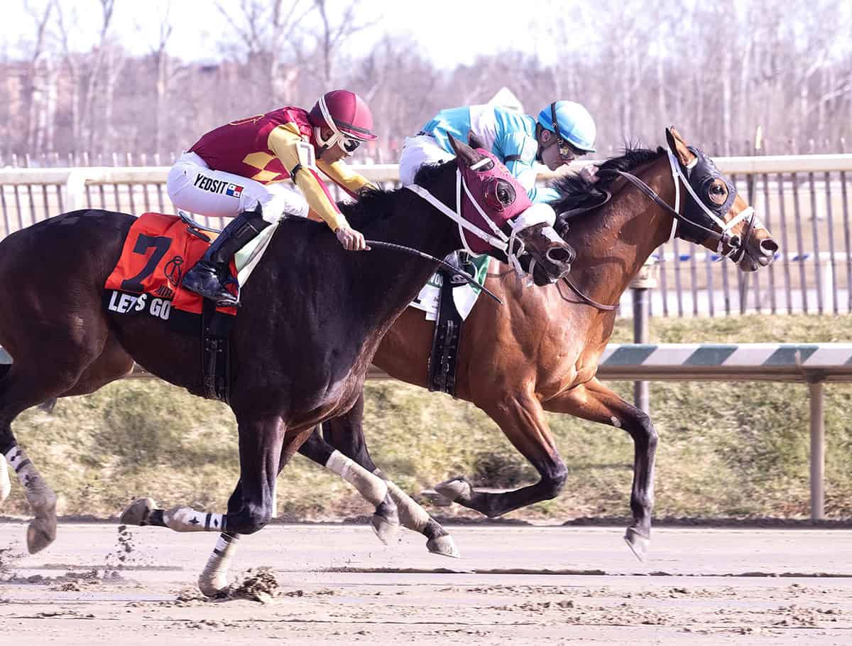 Florida-bred Thoroughbred Taj Mahal, ridden by Sheldon Russell, stretches out to the wire at Laurel Park, fighting off Let’s Go Lando who applies pressure from the outside. Taj Mahal and Russell held the lead, winning the 2026 Miracle Wood. (Photo: ©Maryland Jockey Club)