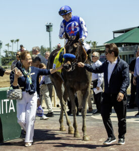 Baoma Corp.’s Susan and Charles Chew escort Tenma and jockey Juan Hernandez into the winner's circle after victory in the Grade II $200,000 Santa Anita Oaks Saturday, April 5, 2025, at Santa Anita Park, Arcadia, CA. The three-year-old daughter of Nyquist is trained by Bob Baffert and was bred in Kentucky by Bobby Flay Thoroughbreds. Benoit Photo