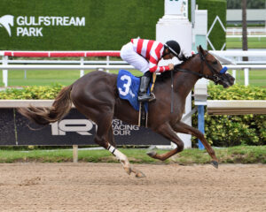 Florida-bred Thoroughbred Wayne’s Law, ridden by jockey Marcos Meneses, power across the finish line at Gulfstream Park to win the 2025 Aventura. (Photo: ©Lauren King)