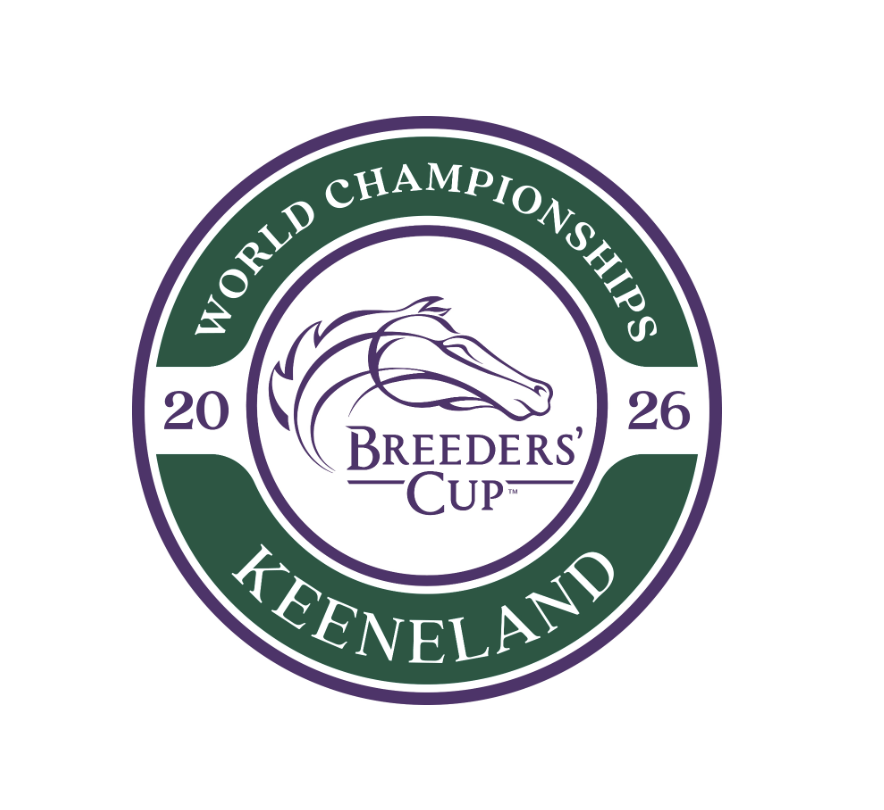 Logo for the 2026 Breeders’ Cup World Championships at Keeneland. The logo is a circular badge, consisting of the dark green of Keeneland, framed by Breeders’ Cup purple outlines. Overlaid on the green reads, “World Championships Keeneland” in curving serif letters. The standard horse head outline for the Breeders’ Cup logo, alongside the date “20” “26” is in Breeders’ Cup purple.