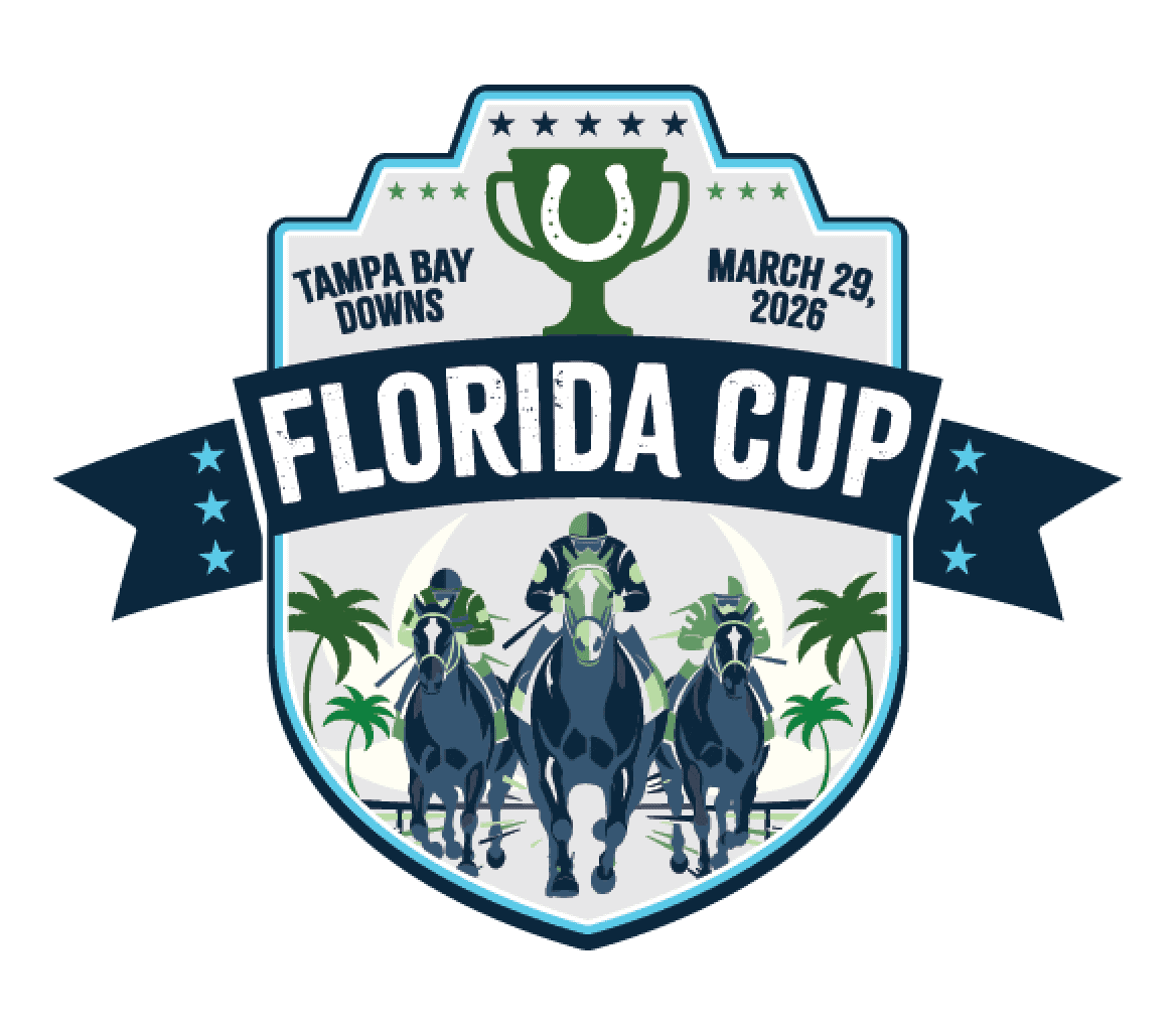 Badge logo for the 2026 Florida Cup at Tampa Bay Downs. The badge consists of a trophy centered at its top, with a horseshoe overlaid on top of the cup and “Tampa Bay Downs,” “March 29, 2026,” flanking its left and right sides respectively. There’s a ribbon cutting across the center of the badge that reads, “Florida Cup,” in all capital letters, and an illustration of three horses galloping beneath the ribbon.