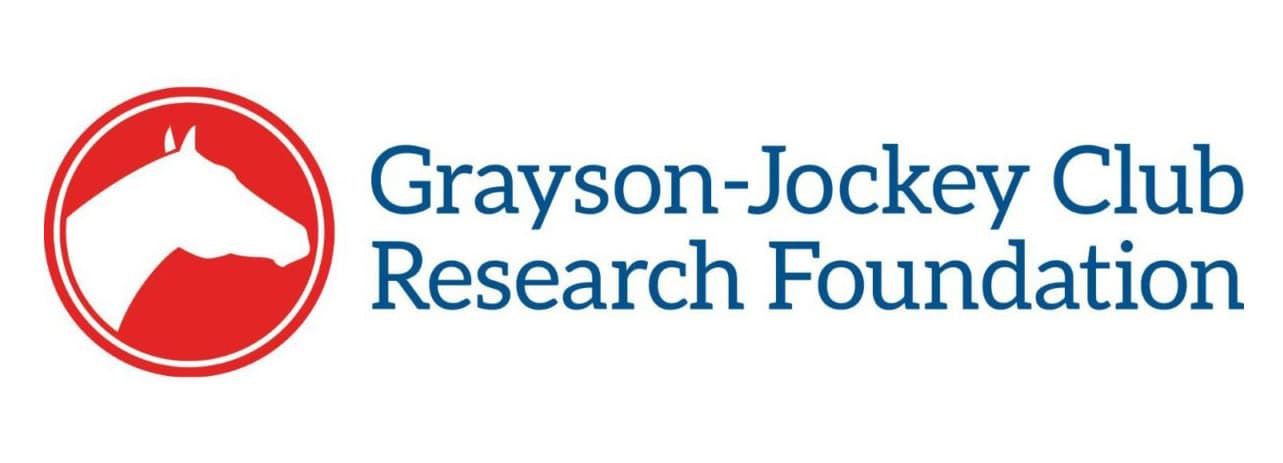 Horizontal logo for the Grayson-Jockey Club Research Foundation. The full name of the foundation is stacked into two rows of navy blue, serif text. Aligned to the left of the name, a red circle with a simple horse’s head faces the name, framed by a thin white line.