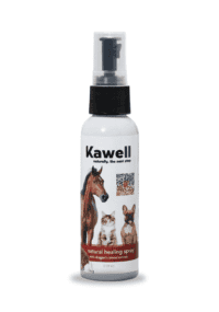 A bottle of Kawell USA Dragon's Blood Natural Wound Spray for Horses centered against a white background with soft shadowing at the base of the product. 