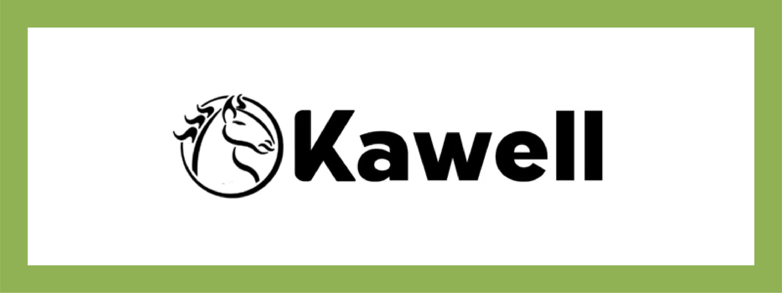 Logo for Kawell USA. The logo consists of an outline of a simplified horse’s head. The horse’s head is raised, and their mane is blown backwards. To the left of the icon, the name of the company, “Kawell,” is spelled in san serif letters. The logo is black centered on a white background surrounded by a thick, light green frame.