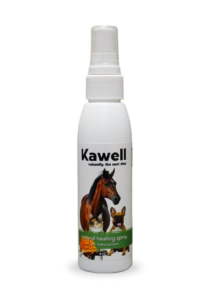 A bottle of Kawell USA Matico Natural Skin Spray For Horses centered against a white background with soft shadowing at the base of the product. 