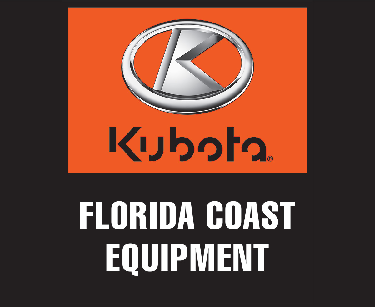 Logo for Kubota and Florida Coast Equipment (FCE). The logo is a tall rectangle outlined in black. On the top, an orange background highlights the Kubota logo, consisting of their silver emblem overtop their full “Kubota” logo. On the bottom, the logo for the “FLORIDA COAST EQUIPMENT” is featured in all white, full capitalized against the black background.