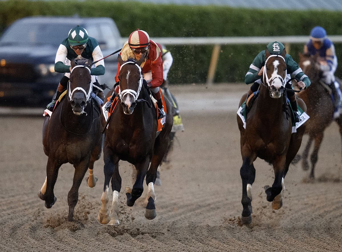 Florida-bred Nearly, ridden by Hall of Fame jockey John Velazquez, gallops toward the camera at the front of the pack, overpowering competition to win the 2026 Holy Bull (Grade 3). (Photo: ©Nicole Thomas)