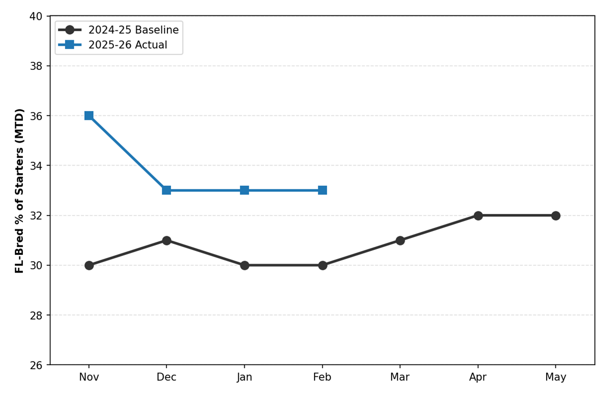 A grayscale line chart centered against a white background, with one line of information highlighted in black (2024-25 Baseline) and one in blue (2025-26 Actual). This chart is featuring the data for the Tampa Bay Downs Florida-bred Market Share Meet-to-Date Through February 2026, Market Share: Runners.