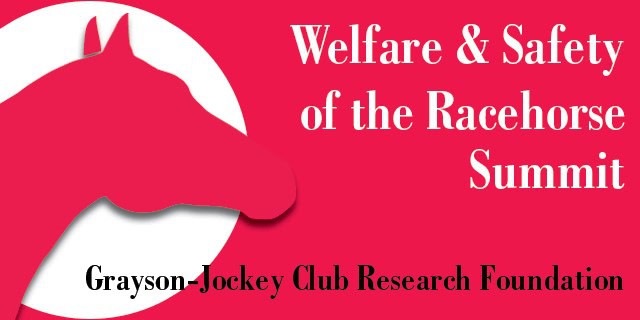 Logo for the Welfare & Safety of the Racehorse Summit. The rectangular logo consists of a pink rectangle, with a left-aligned white circle that frames the shape of a horse head in the same pink color as the background. To its right, the full name of the organization is written and staked in a white serif. Underneath both, is text that reads, “Grayson-Jockey Club Research Foundation.”