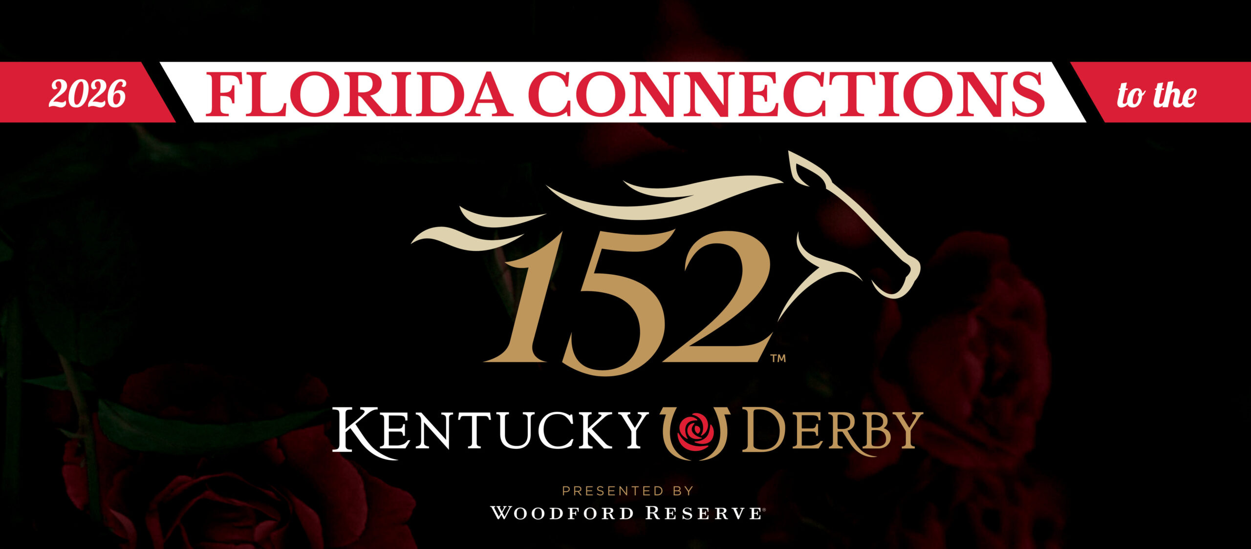 Cover image for the 2026 Kentucky Derby Florida Connections page. The graphic has a black background accented with red and white, and soft red roses fade into that background. The logo for the 2026 Kentucky Derby is centered in the middle of the graphic, with a headline overtop it that reads, “2026 Florida Connections to the...”
