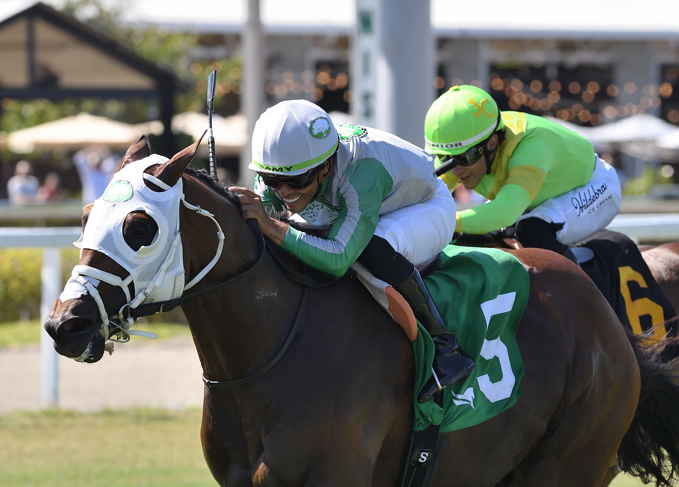Closely cropped headshot of Florida-bred Thoroughbred Tank and jockey Samy Camacho, outrunning outside competition of fellow Florida-bred Adios Cole and jockey Junior Alvarado. Camacho smiles as he and Tank cross the wire first, winning the 2026 FHBPA Turf at Gulfstream Park. (Photo by ©Ryan Thompson)