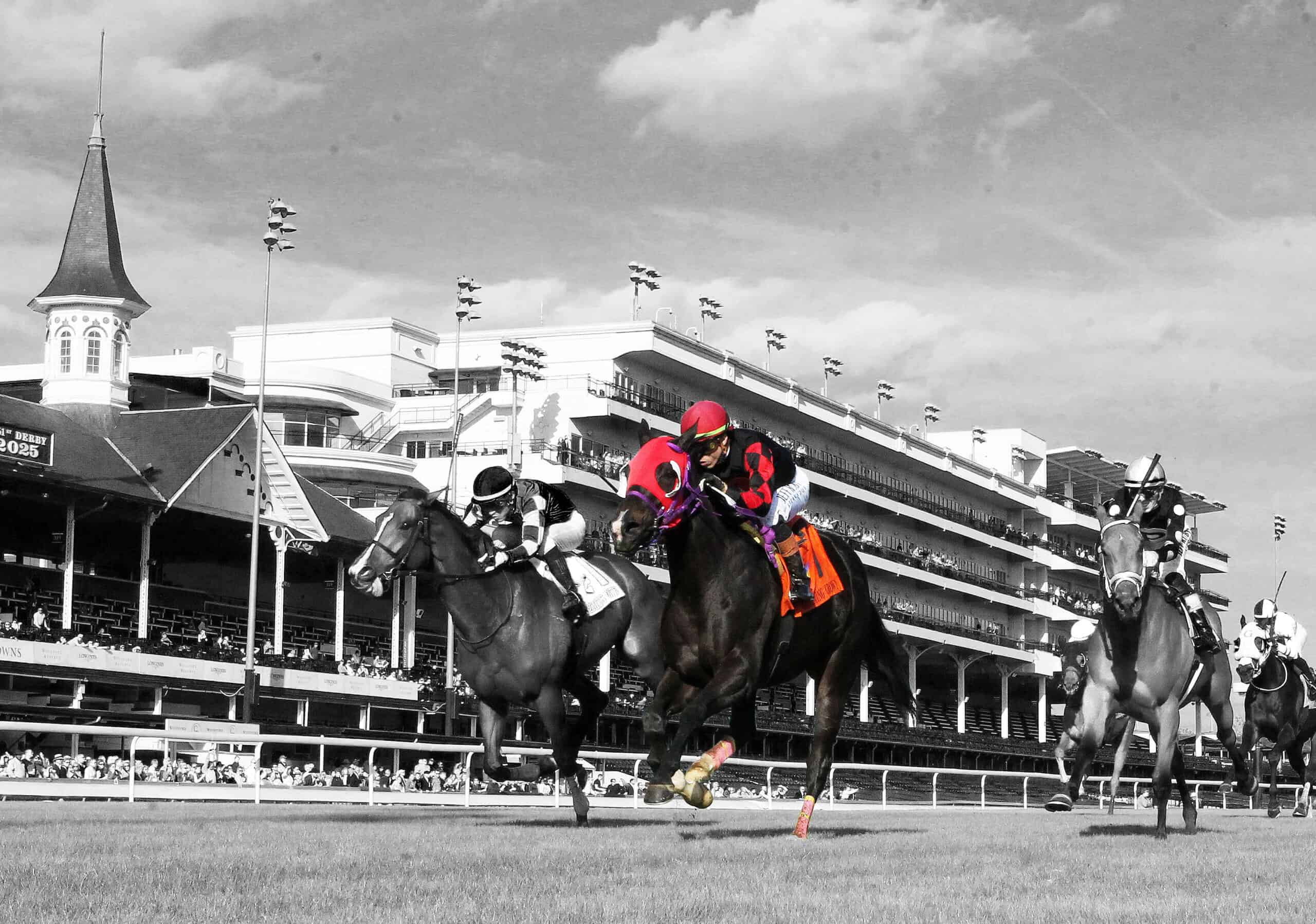 Florida-bred Ashima and jockey Irad Ortiz Jr. gallop at the head of the pack in front of the Churchill Downs grandstand, outrunning their competition to win the 2025 Claiming Crown Tiara. Ashima and Ortiz are in full color, but the rest of the image has been shaded grayscale, highlighting the winning duo. (Photo by ©John Gallagher/Coady Media)